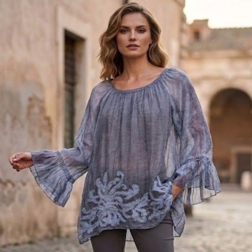 Tempo Paris Blue Sheer Tunic Top Womens Small Silk Blend Lagenlook Italy